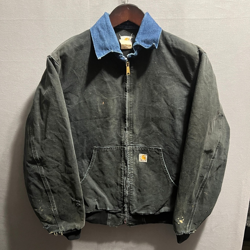 Carhartt Duck Canvas Bomber Jacket Black Denim Collar XL Distressed Vintage